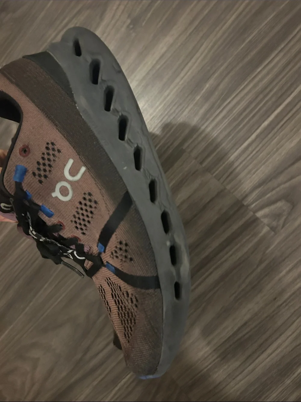 On Running Men's Athletic Shoes Brown with Black and Blue Accents